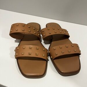 A new day, tan sandals with decorative rivets on top